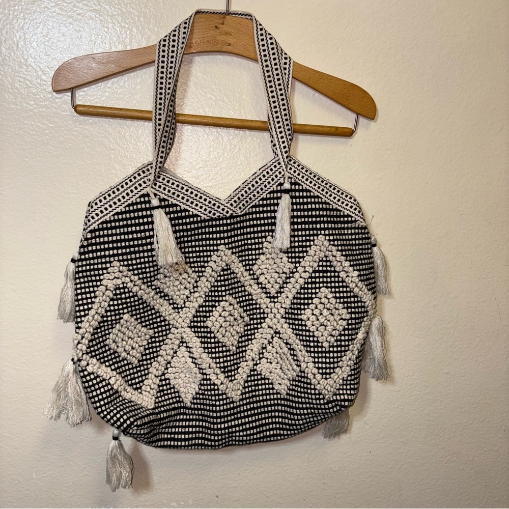 Boho style shoulder bag purse black white fringe macrame made in India beach bag